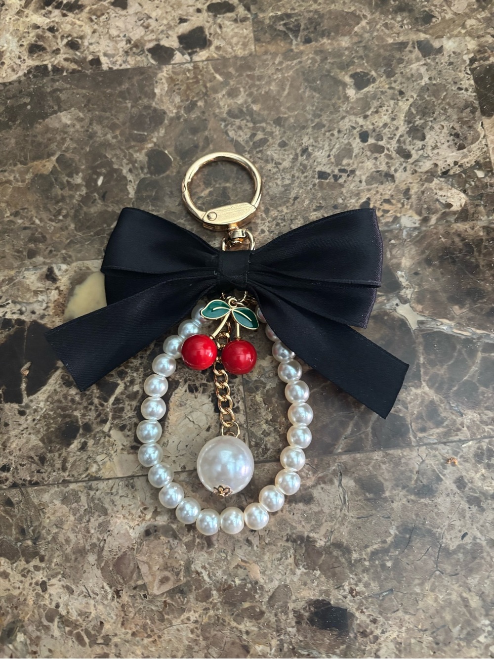 Pearl Cherry Charm Keychain with Black Bow